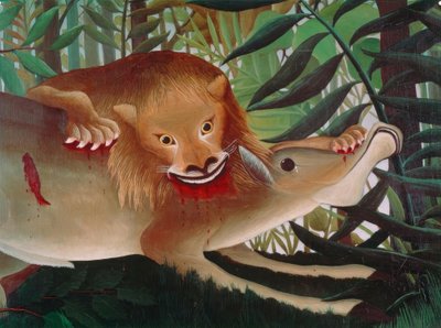 The Lion, hungry, throws himself on the Antelope