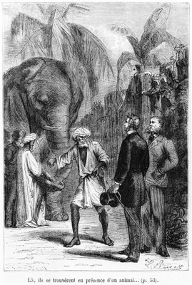 Phileas Fogg In Front Of An Elephant Illustration From Around The 