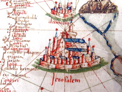 Detail showing Jerusalem and Damascus from a Renaissance map of Europe,  Jacopo Russo (after), 1528