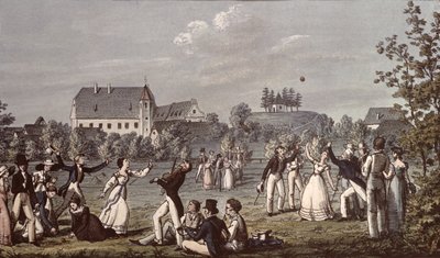 Ball Games at Atzenbrugg with Franz Schubert (1797-1828) and friends seated in the foreground (pen und ink and wc on paper) by Leopold Kupelwieser