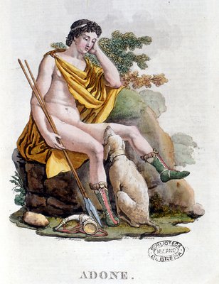 Adonis. Greek God of Phoenician origin. 19th century engraving. Biblioteca  nazionale Braidense. Milan