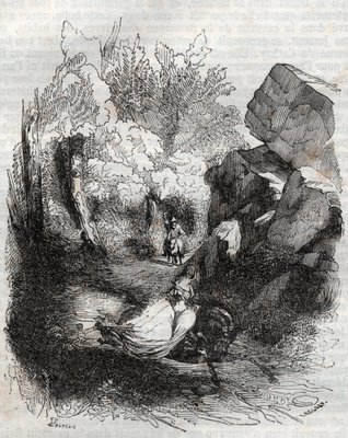 Angelique (Angelica) fleeing the old hermit - engraving of 1851 from  “Furious Roland” (Orlando furioso) (16th century) by Ludovico Ariosto,  known as the Ariosta - Edition translated from Italian by the Count