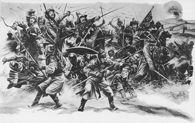 Genghis Khan breaking through the Great Wall of China by English School