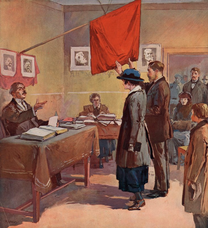 Civil marriage performed by a provincial commissar in Soviet Russia under the aegis of the Red Flag by (after) Carrey