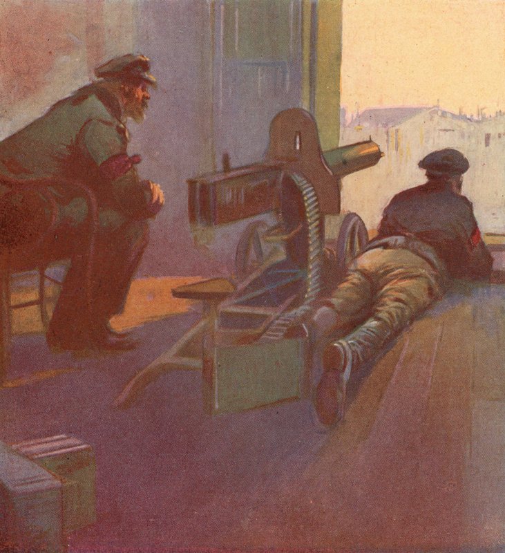 Red Guards with a machine gun pointing out of the window of a building, Russian Revolution by (after) Carrey