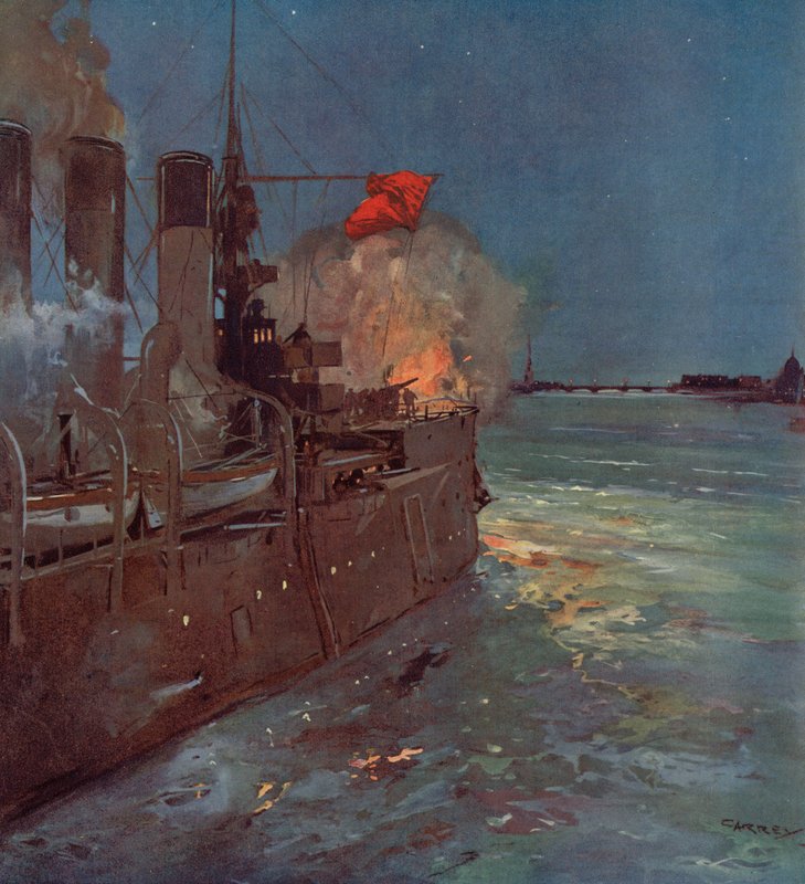 The Russian cruiser Aurora firing the shot signalling the storming of the Winter Palace in Petrograd, Russian Revolution, 25 October 1917 (colour litho) by (after) Carrey
