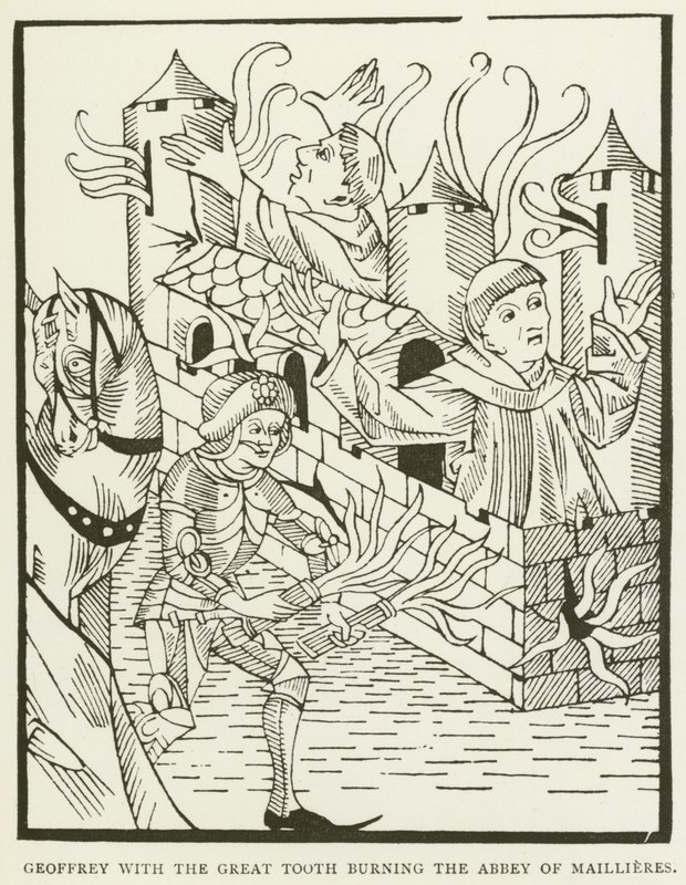 Geoffrey with the great tooth burning the Abbey of Maillieres (engraving) by (after) English School