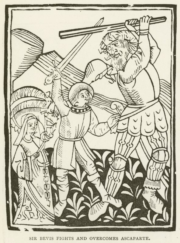 Sir Bevis fights and overcomes Ascaparte (engraving) by (after) English School