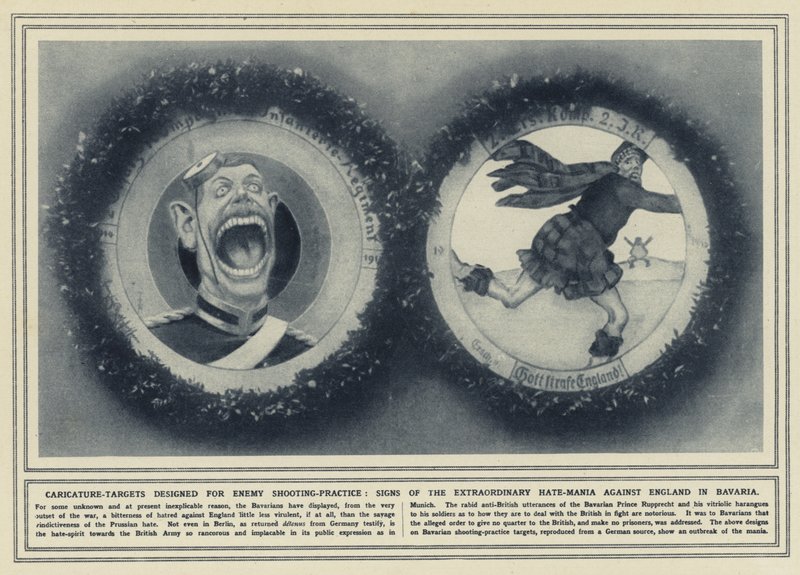 Caricature-targets designed for enemy shooting-practice, signs of the extraordinary hate-mania against England in Bavaria by (after) English photographer