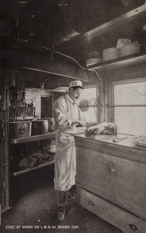 Chef at work on L and NW Dining Car by (after) English photographer
