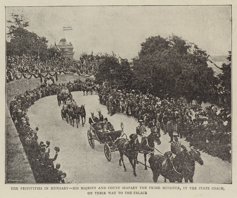 The Festivities in Hungary, His Majesty and Count Szapary the Prime Minister, in the State Coach, on their Way to the Palace (b/w photo) by (after) English photographer
