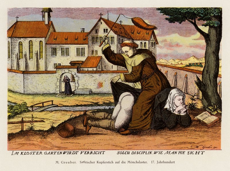 Monk disciplining a nun in the monastery garden by (after) German School