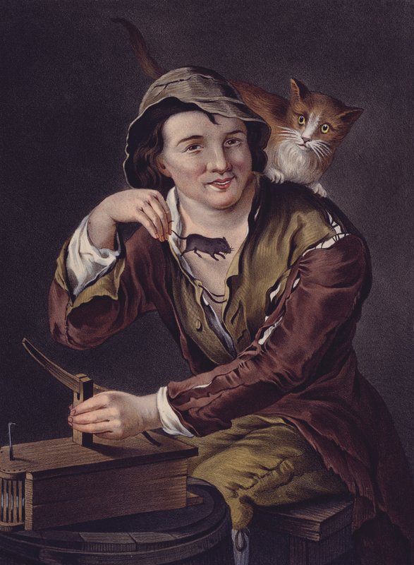 Mouse catcher with his trap and cat by European School