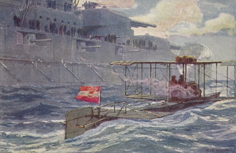 Austro-Hungarian Seaplane Passing a Battleship, World War I by A. Kircher