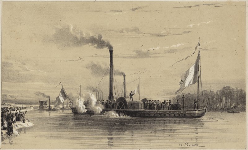 People on the Shore Waving Off a Steamship by A Provost