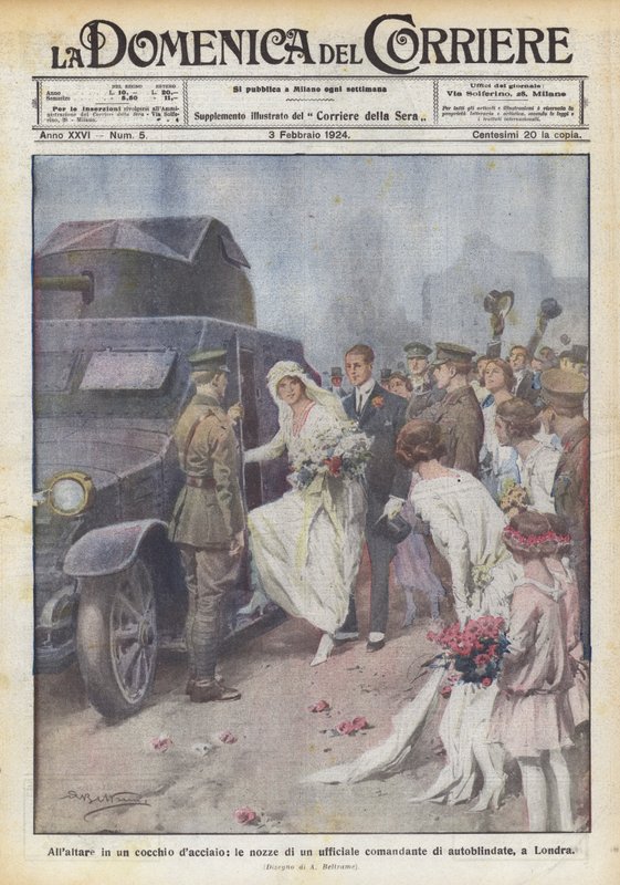 At the Altar in a Steel Carriage, the Wedding of an Armored Car Officer, in London by Achille Beltrame