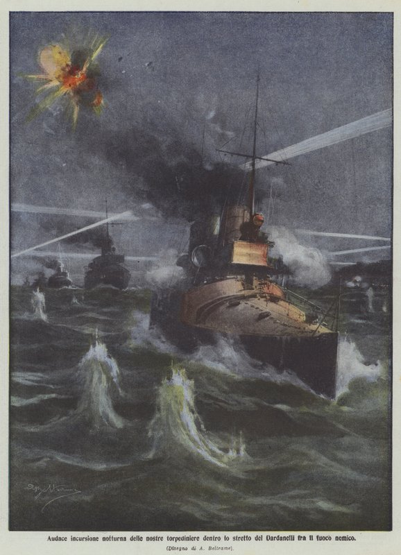 Daring Night Raid of Our Torpedo Boats Inside the Dardanelles Strait Amid Enemy Fire by Achille Beltrame