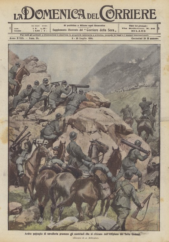 Daring cavalry patrols press the Austrians retreating from the Altipiano dei Sette Comuni by Achille Beltrame