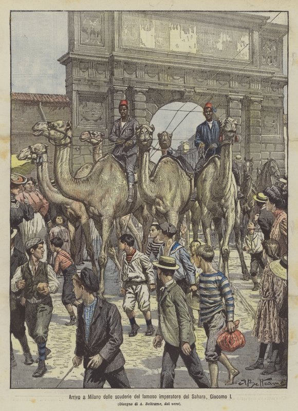 Arrival in Milan of the Stables of the Famous Emperor of the Sahara, Giacomo I by Achille Beltrame