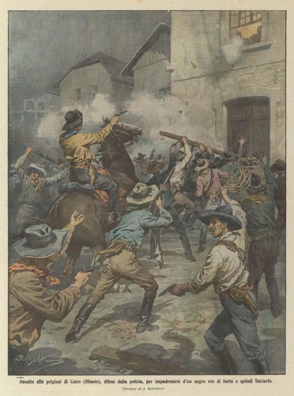 Assault on the Cairo (Illinois) prisons, defended by the police, to seize a guilty black man by Achille Beltrame