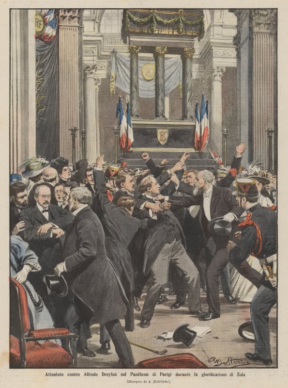 Attempt on Alfred Dreyfus in the Pantheon of Paris during the glorification of Zola by Achille Beltrame