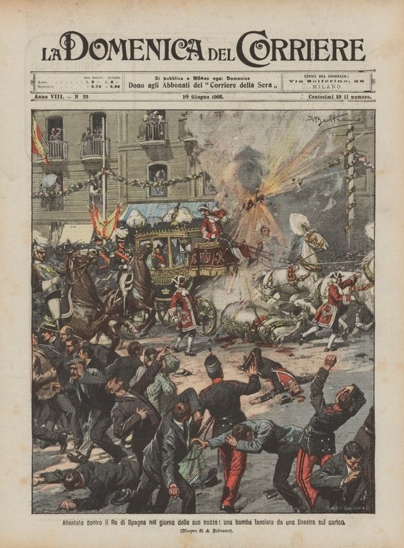 Attempt against the King of Spain on his wedding day, a bomb thrown from a window at the procession by Achille Beltrame