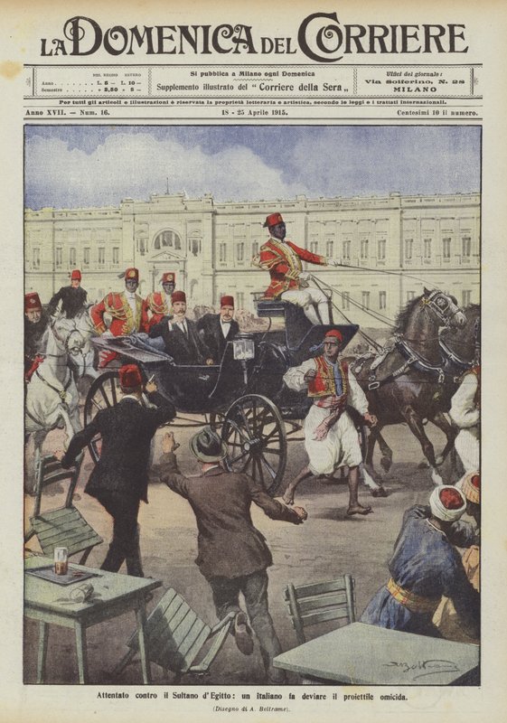 Attempt against the Sultan of Egypt, an Italian diverts the murderous projectile by Achille Beltrame