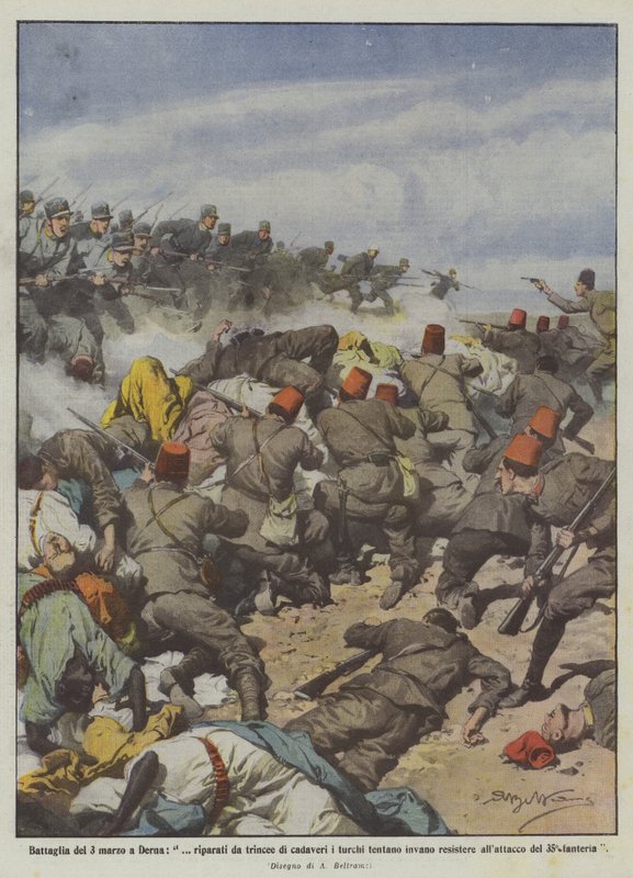 Battle of March 3 in Derna, Protected by Trenches of Corpses the Turks Try in Vain to Resist by Achille Beltrame