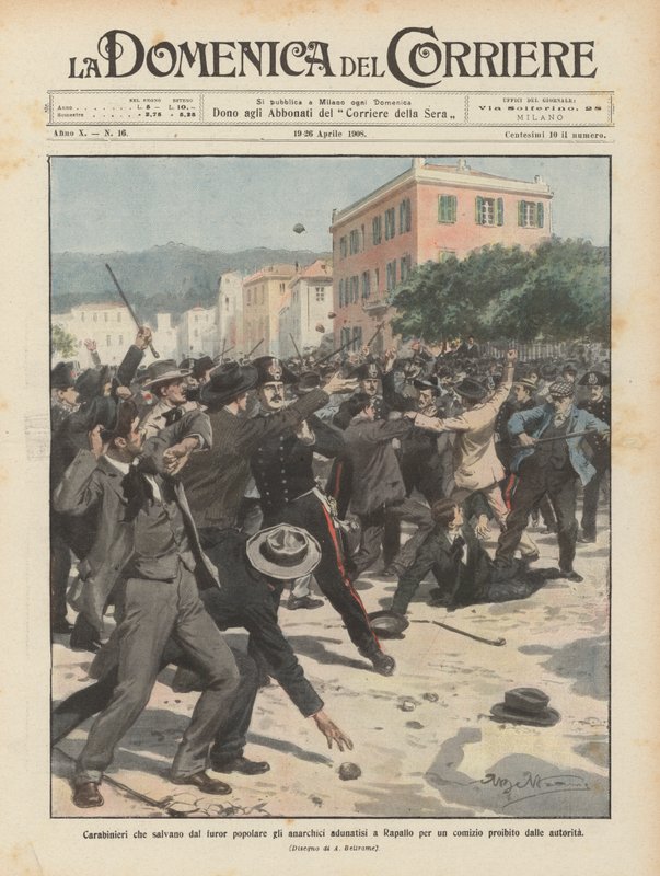 Carabinieri saving anarchists from popular fury gathered in Rapallo for a rally banned by the authorities by Achille Beltrame