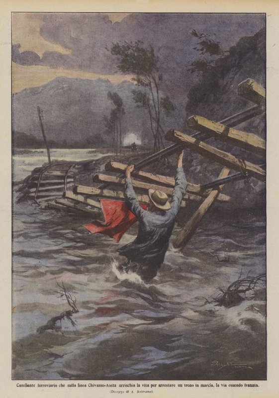 Railway Gatekeeper on the Chivasso-Aosta Line Risks His Life to Stop a Train by Achille Beltrame