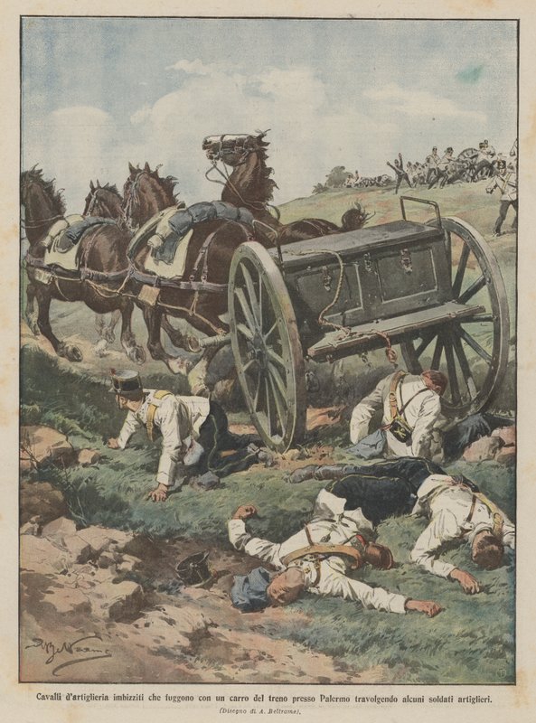 Artillery horses run wild and flee with a train cart near Palermo, trampling by Achille Beltrame