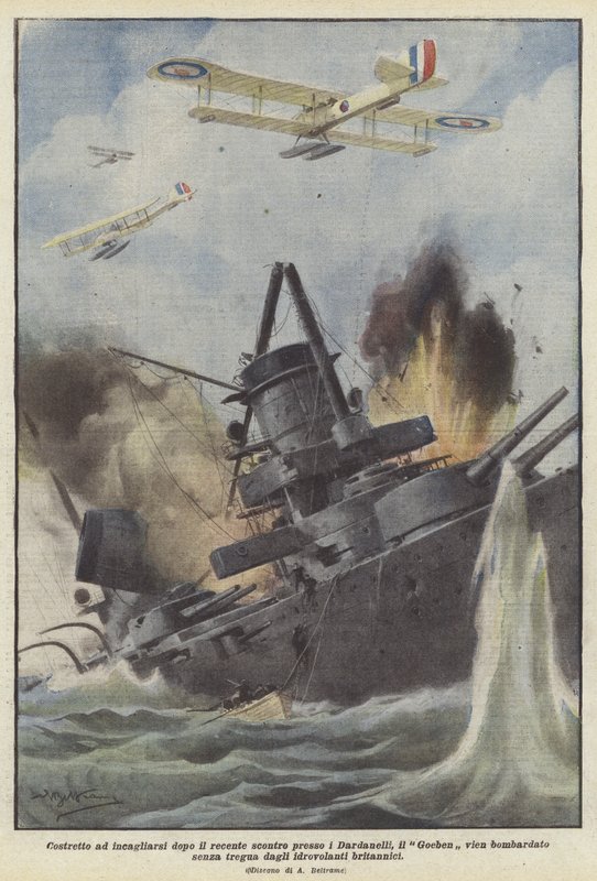 Forced to Run Aground After the Recent Clash Near the Dardanelles, the Goeben is Bombarded by Achille Beltrame