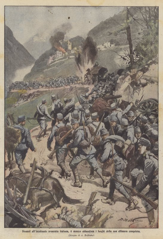 In the face of the advancing Italian forces, the enemy abandons the places of its ephemeral conquest by Achille Beltrame
