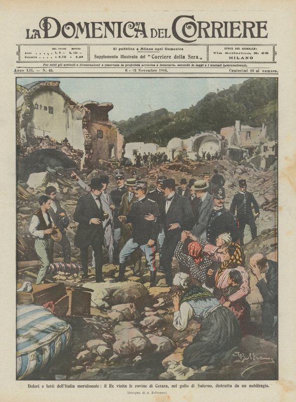 Sorrows and Mourning of Southern Italy, the King Visits the Ruins of Cetara in the Gulf of Salerno by Achille Beltrame