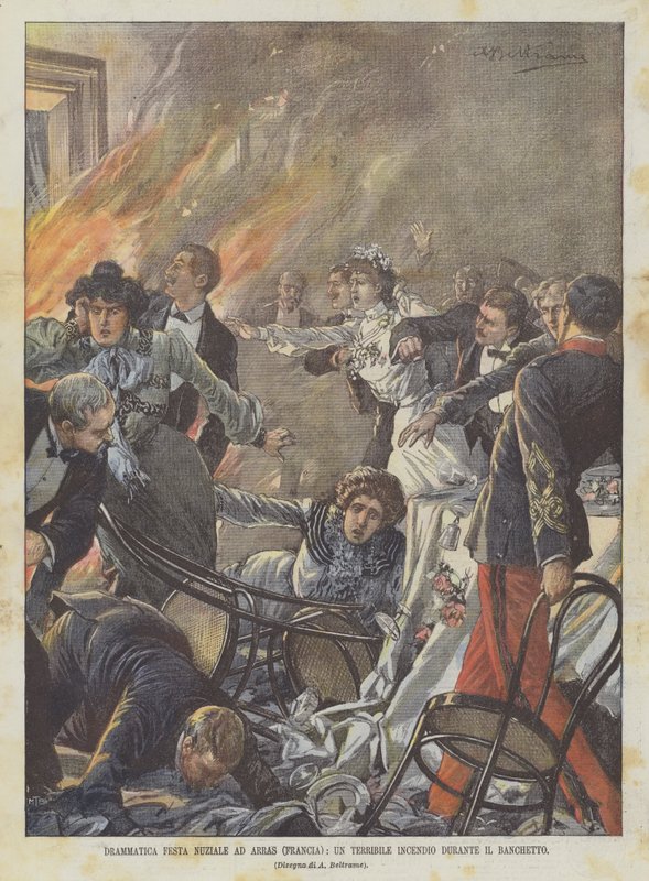 Dramatic Wedding Feast in Arras (France), A Terrible Fire During the Banquet by Achille Beltrame