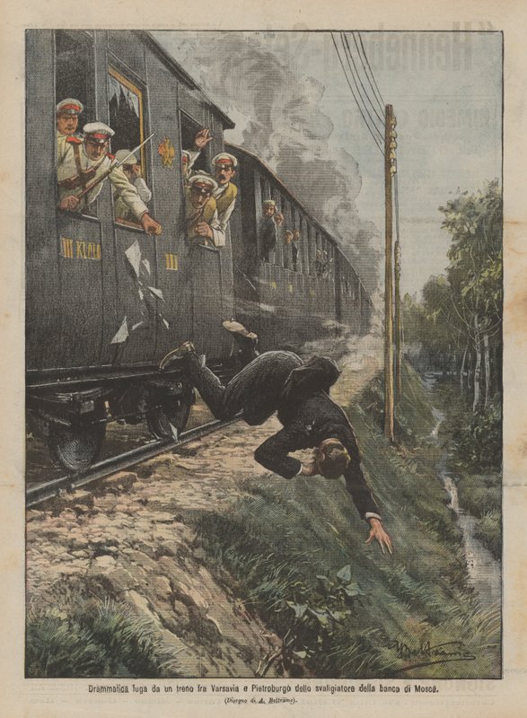 Dramatic escape from a train between Warsaw and St. Petersburg by the Moscow bank robber by Achille Beltrame