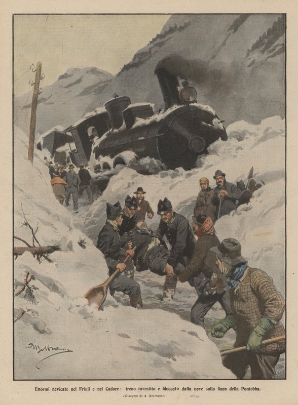 Huge snowfalls in Friuli and Cadore, train hit and blocked by snow on the Pontebba line by Achille Beltrame