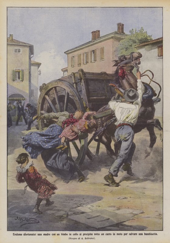 Unfortunate Heroism, a Mother with a Child in Her Arms Throws Herself Under a Moving Cart to Save a Little Girl by Achille Beltrame