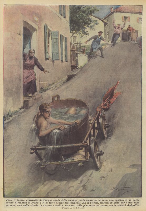 After Doing Laundry, Attracted by the Hot Water in the Tub Placed on a Cart, a Bride Was... by Achille Beltrame