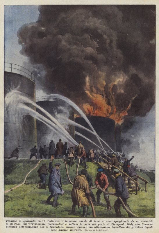 Flames Forty Meters High and Immense Clouds of Smoke Erupted from a Tank... by Achille Beltrame