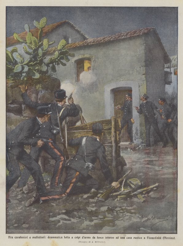 Between Carabinieri and Criminals: Dramatic Gunfight Around a Rustic House by Achille Beltrame