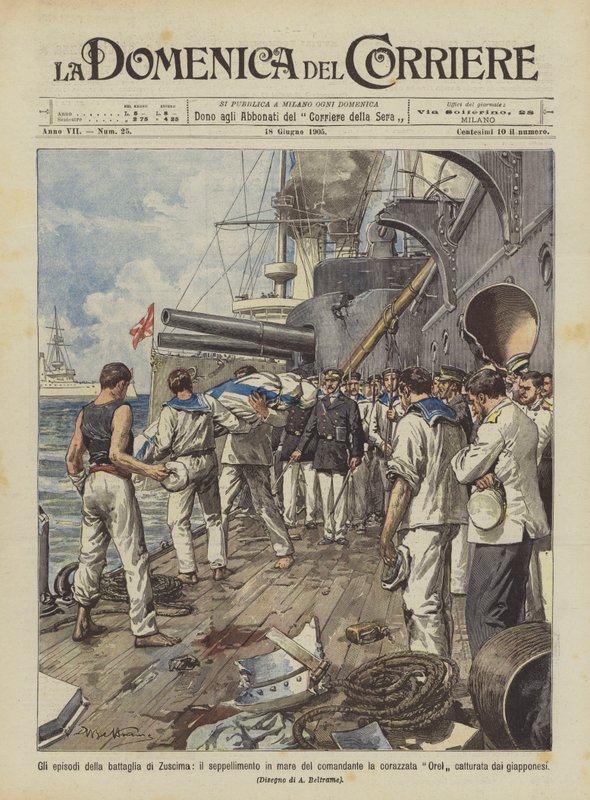 Episodes of the Battle of Tsushima, the Burial at Sea of the Commander of the Battleship Orel ? by Achille Beltrame