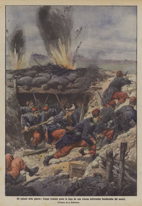 Episodes of the War, French Troops Fleeing from an Underground Trench Bombarded by Enemies by Achille Beltrame