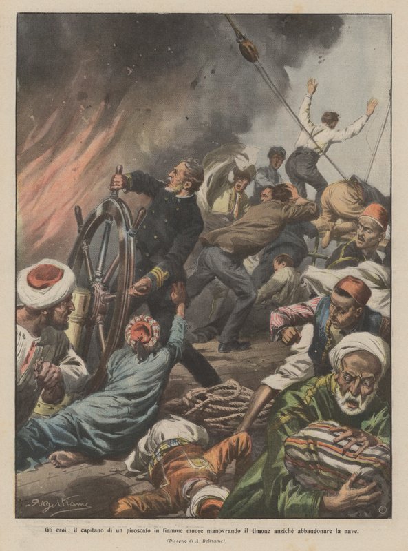 The Heroes, the Captain of a Burning Steamer Dies Steering the Helm Instead of Abandoning the Ship by Achille Beltrame