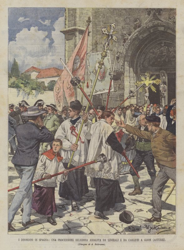The Disorders in Spain, A Religious Procession Attacked by Liberals and Carlists in Gijon (Asturias) by Achille Beltrame