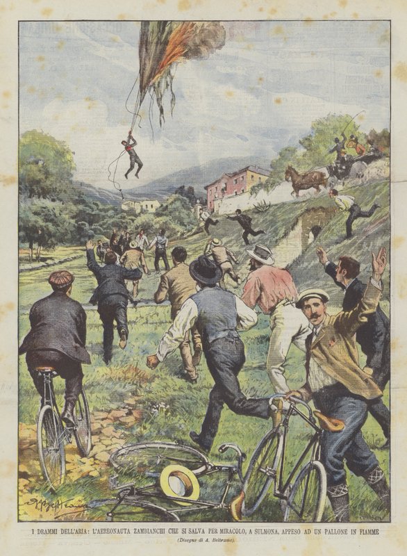 The Dramas of the Air, The Aeronaut Zambianchi Miraculously Saved in Sulmona, Hanging from a Burning Balloon by Achille Beltrame