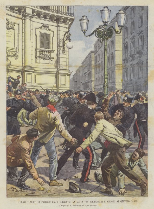 The Serious Riots in Palermo on the 3rd, The Fight Between Strikers and Soldiers at Quattro Canti by Achille Beltrame