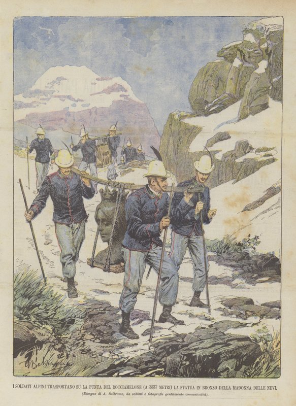 The Alpine Soldiers Transport the Bronze Statue to the Summit of Rocciamelone (at 3537 Meters) by Achille Beltrame