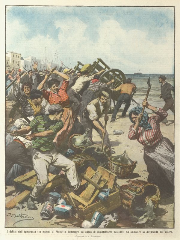 The Crimes of Ignorance, the People of Molfetta Destroy a Cart of Disinfectants Destined... by Achille Beltrame