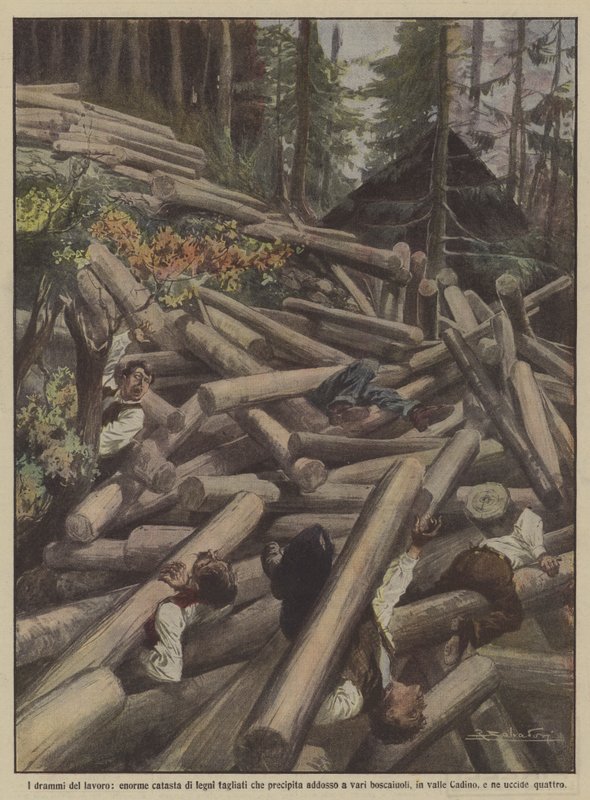 The dramas of labor, a huge pile of cut wood falls on several lumberjacks by Achille Beltrame